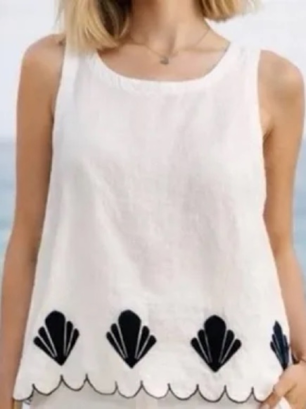 Calypso St. Barth White Tank Top with Black Shell Embroidery